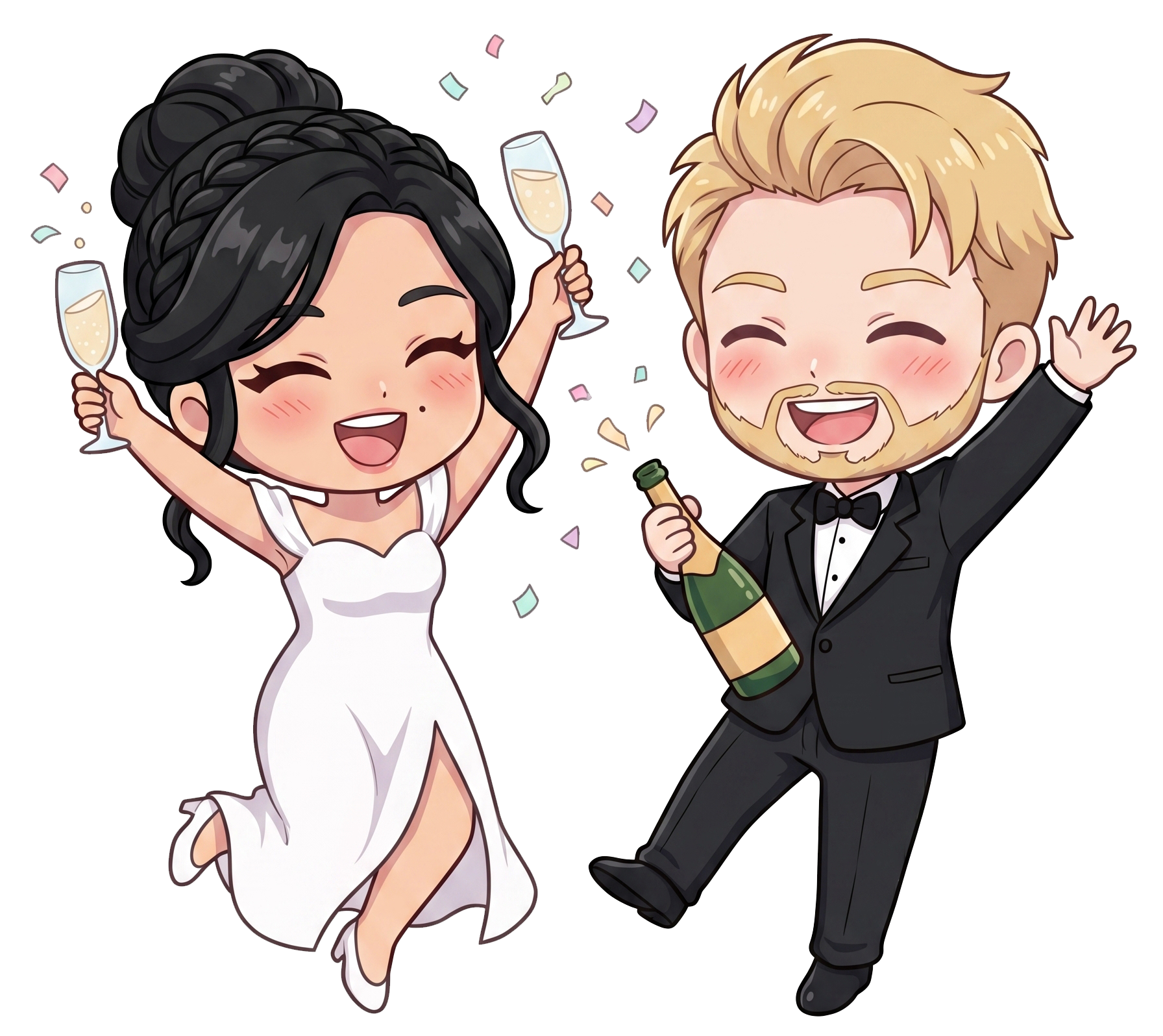 Chibi Amos and Renee celebrating with champagne