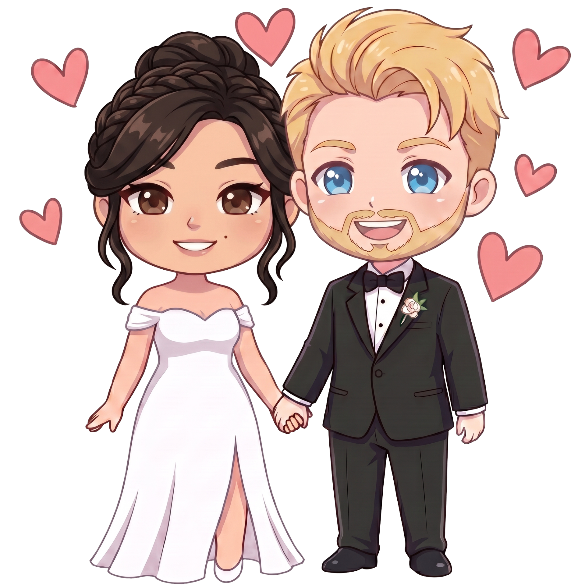 Chibi illustration of Amos and Renee holding hands