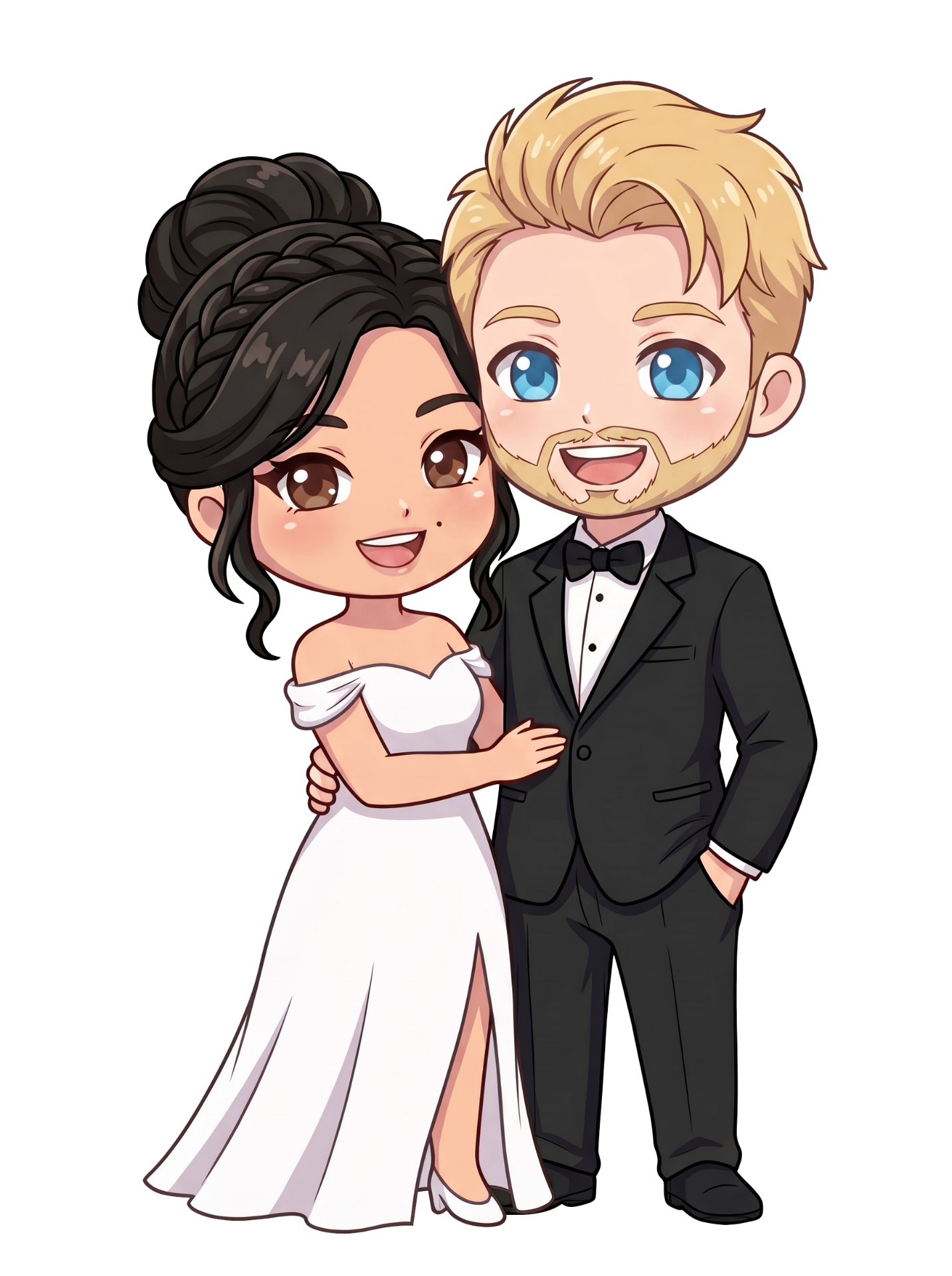 Chibi illustration of Amos and Renee in wedding attire