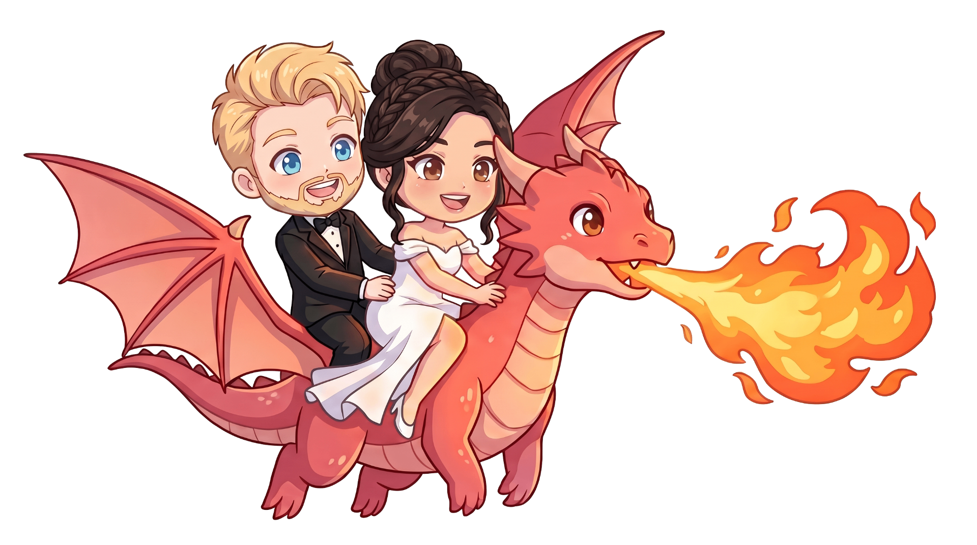 Amos and Renee riding a fire-breathing dragon