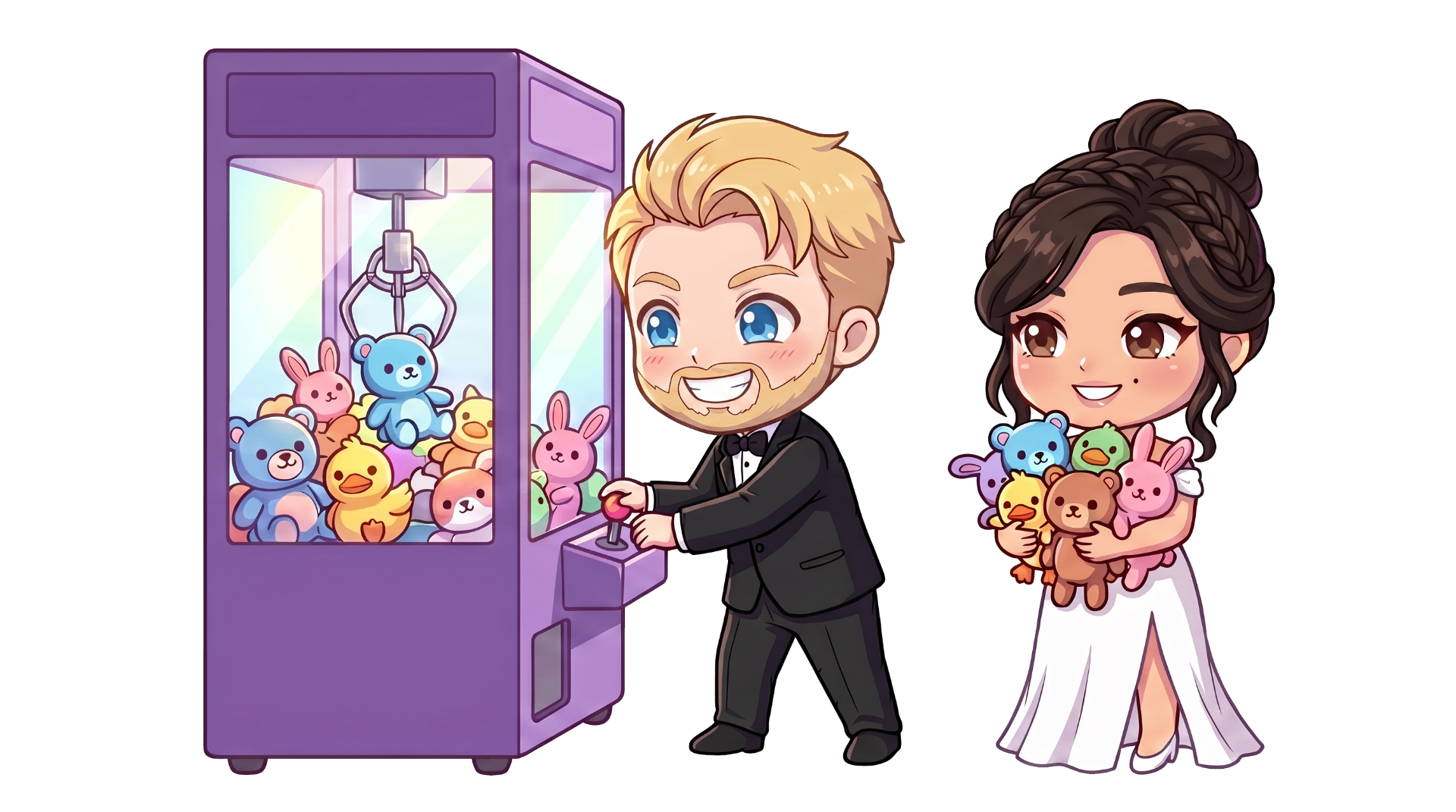Chibi Amos and Renee holding plushies