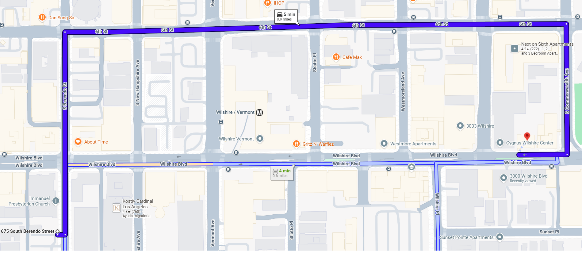 Driving route from the church parking lot: north on Berendo St, right on 6th St, right on S Commonwealth Ave, right on Wilshire Blvd — LA Celebrations will be on the right hand side